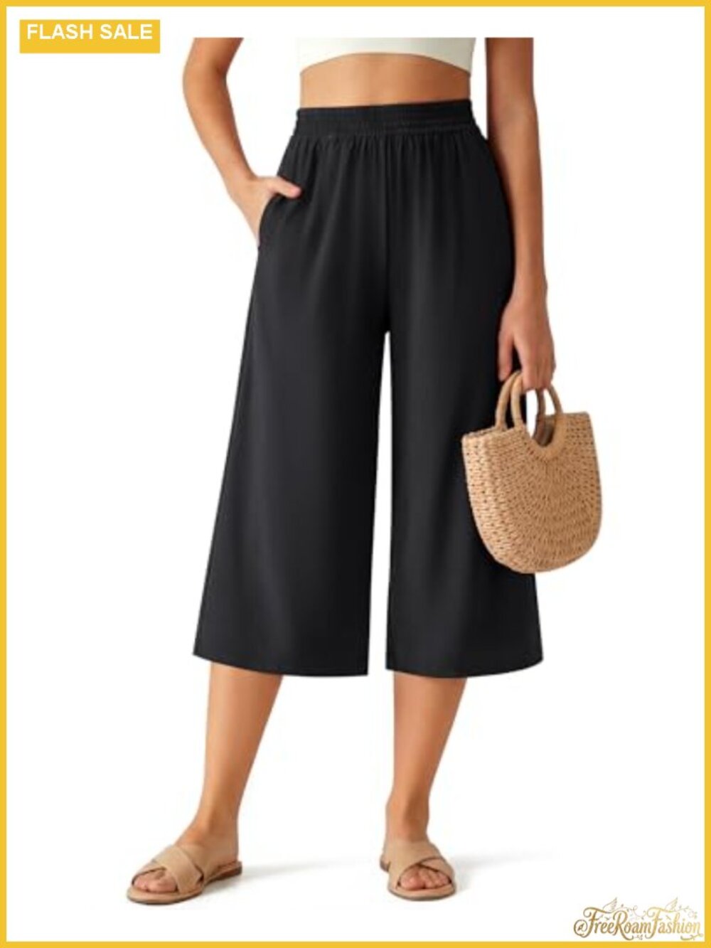 Women's Capri Pants Lightweight Wide Leg Elastic Waist Palazzo Casual Travel